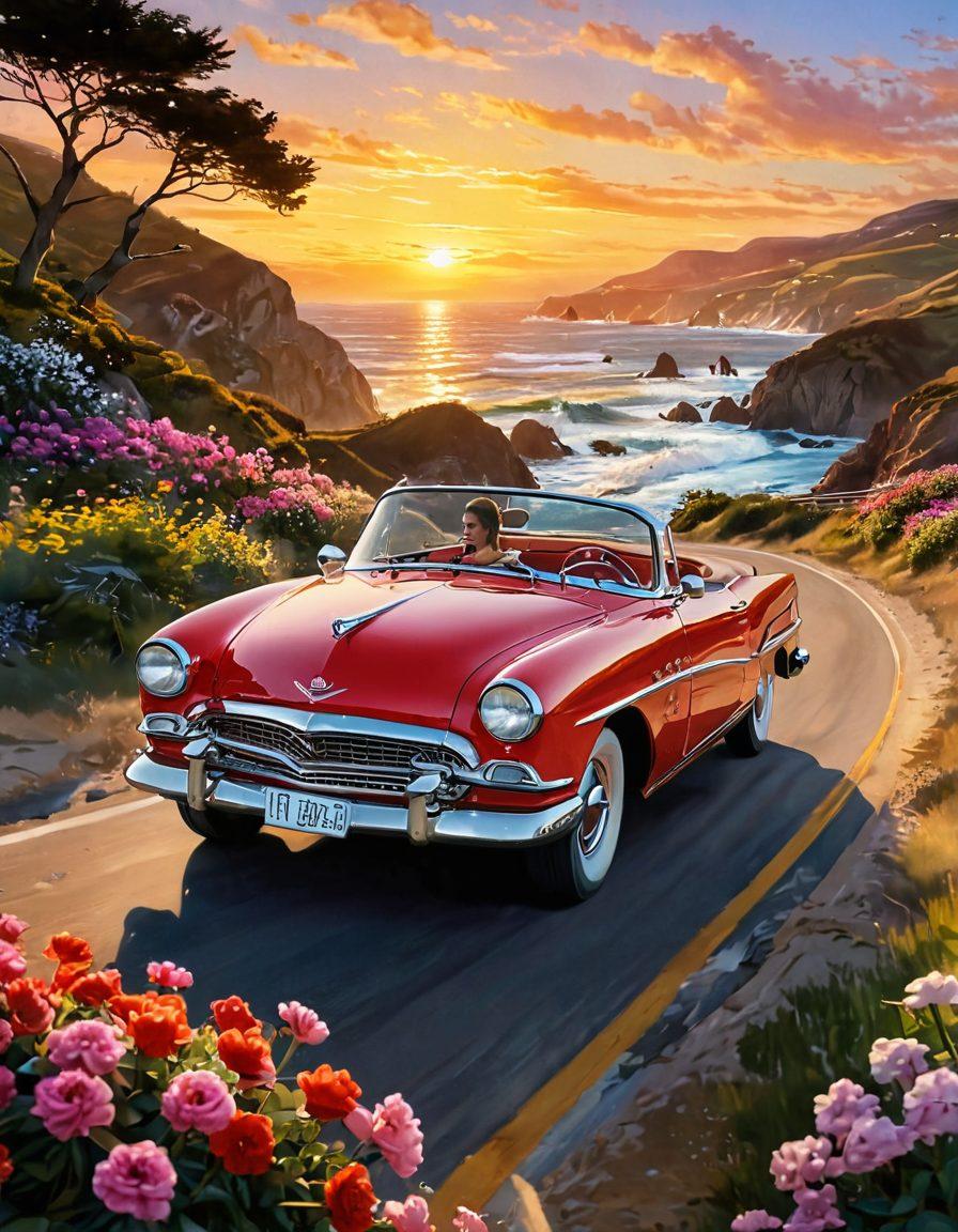 A dynamic scene featuring a classic vintage car driving along a picturesque coastal road, with warm sunlight setting the mood. Inside the car, a couple is sharing a joyful moment, their expressions full of love and excitement. Surround the scene with vibrant blooming flowers and soft rolling waves to symbolize passion and romance. Emphasize a dreamy sunset in the background. super-realistic. vibrant colors. romantic ambiance.