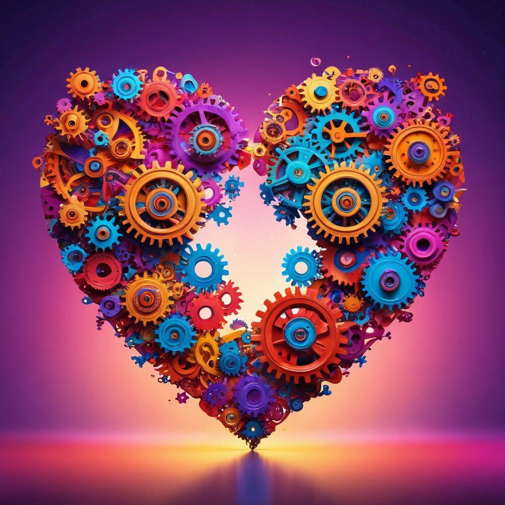 A pair of intertwined hearts made of colorful gears and cogs, surrounded by swirling vibrant emotions represented as a burst of vivid colors in the background. Soft light illuminating the hearts, emphasizing their mechanical yet intricate nature, symbolizing the complex relationship between love and emotions. Include subtle hints of music notes floating around, representing the rhythm of romance. super-realistic. vibrant colors. dreamy background.
