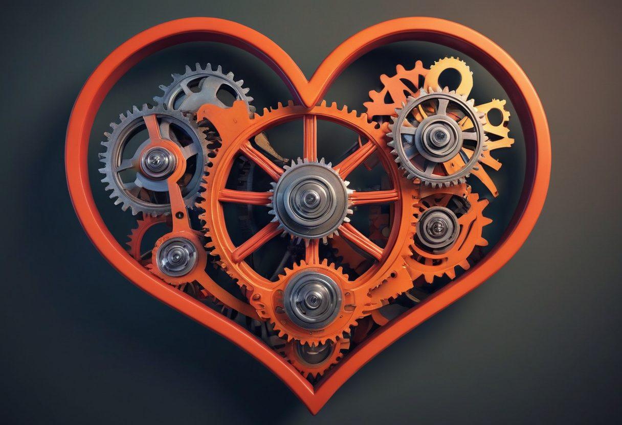 A heart-shaped gear symbolizing the fusion of mechanics and emotion, with delicate tendrils of vibrant colors emanating from it, representing devotion and love. The background features a blend of industrial elements and soft, romantic hues to create a contrast of mechanical and emotional landscapes. A subtle glow surrounds the heart, enhancing the sense of warmth and connection. super-realistic. vibrant colors. soft focus.